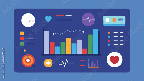 Health Dashboard An illustration of a digital dashboard displaying various health metrics like heart rate pressure and activity levels with charts and graphs showing progress.