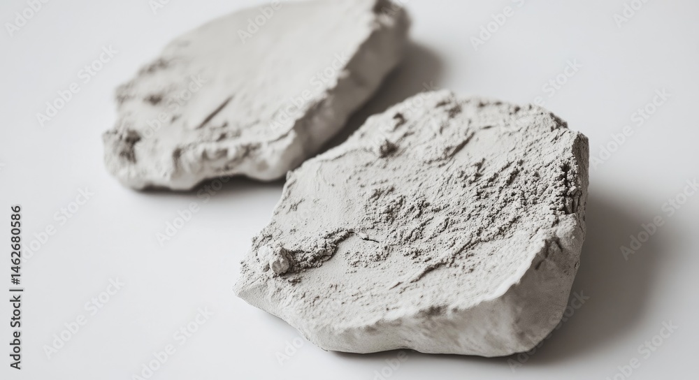 Two light gray, rough-textured, sculpted pieces, possibly clay or plaster, resting on a plain white surface Two light gray, rough-textured, sculpted pieces, possibly clay or plaster, resting on a plain white surface