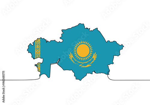 Kazakhstan map with national flag colors in minimalistic outline style on white background, country shape filled with patriotic symbol for geopolitical and cultural topics