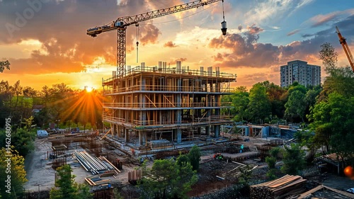 Sunset over Construction Site, Building Under Construction