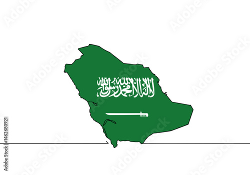 Saudi Arabia map with national flag in outline style, country silhouette with Islamic calligraphy and sword for cultural, political, business and religious content

