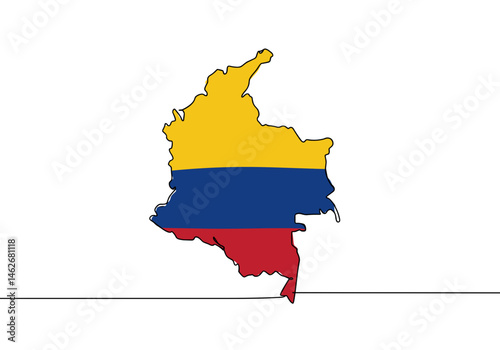 Colombia map with national flag colors in minimalistic outline style, country silhouette for cultural, political, economic and educational visual projects