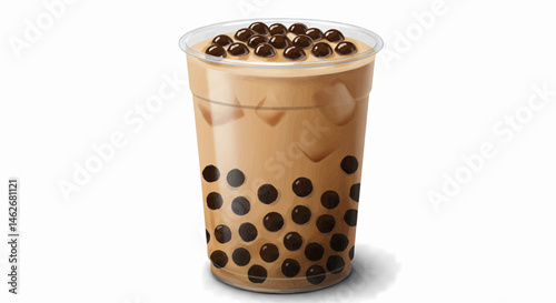A clear plastic cup filled with bubble tea. On a transparent white background, convertible to vectors.