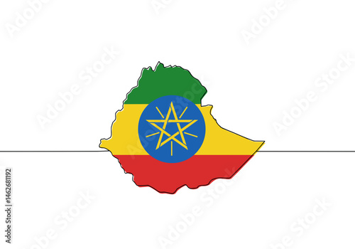 Ethiopia map with national flag and emblem in minimalistic outline style, African country silhouette for political, cultural, historical and educational graphic design