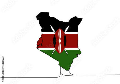 Kenya map with national flag and Maasai shield in minimalist outline style, African country silhouette for political, cultural, tourism and educational graphic use