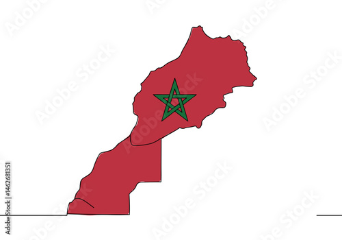 Morocco map with national flag and green star in minimalist outline style, country silhouette for political, cultural, tourism and educational graphic materials