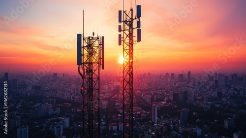 Sunset view of communication towers over a cityscape.