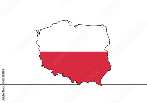 Map of Poland with Polish national flag overlay, white and red horizontal stripes in vector shape of Poland, political geography


