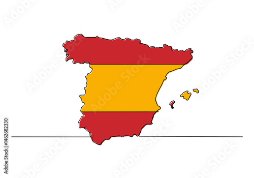 Map of Spain with Spanish flag overlay, silhouette of the country filled with national red and yellow colors, vector illustration