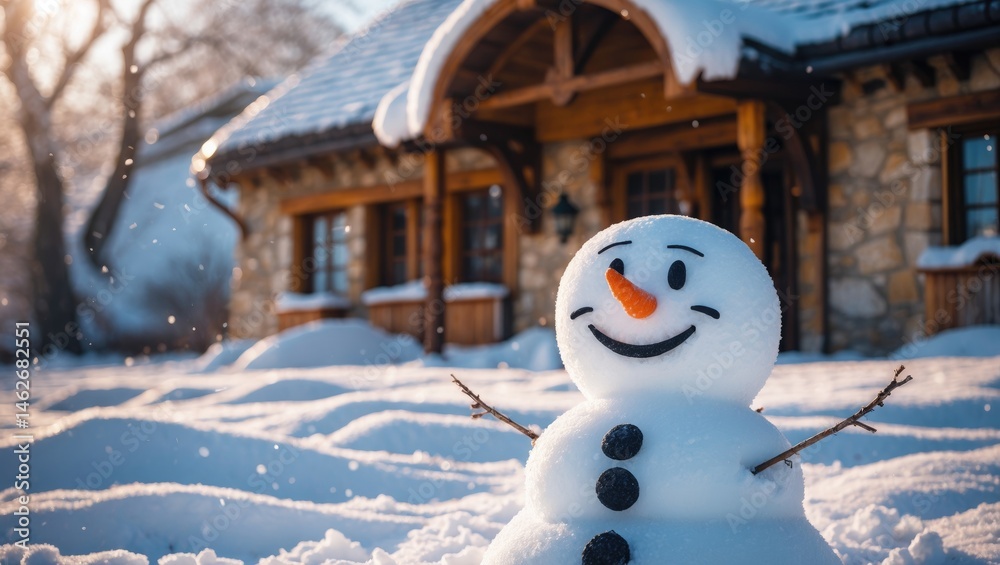 Obraz premium Frozen snowman gradually melting amid outdoor scenery and snow-covered village