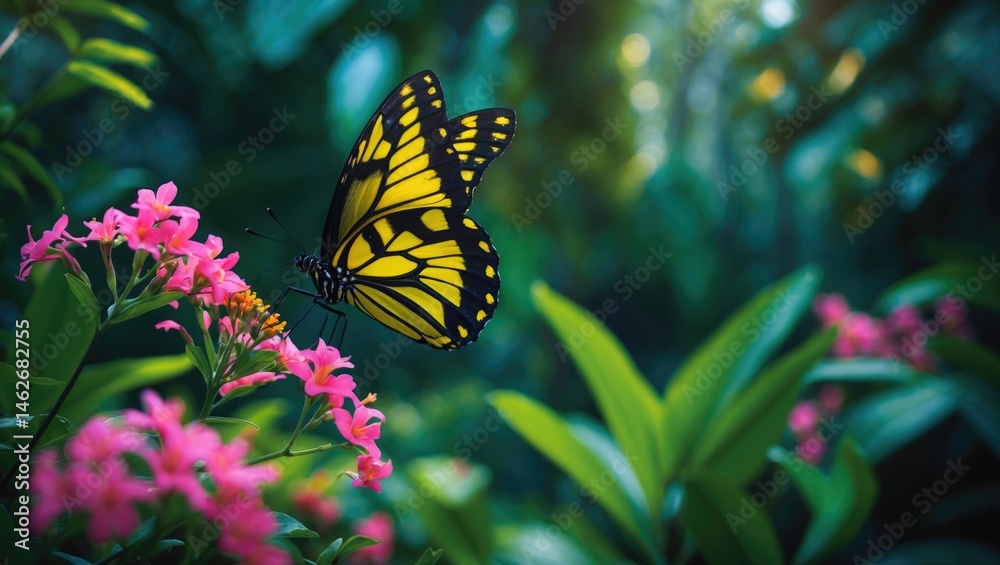 Naklejka premium Colorful Butterfly with Black and Yellow Wings Feeding on Garden Flowers