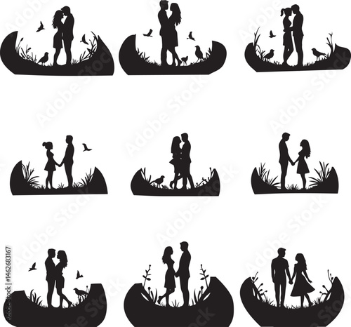 Graceful tree silhouettes frame a loving couple in a peaceful outdoor moment.