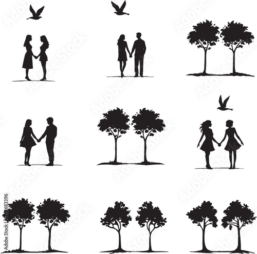 A couple in silhouette form sharing affection under trees with flying birds.

