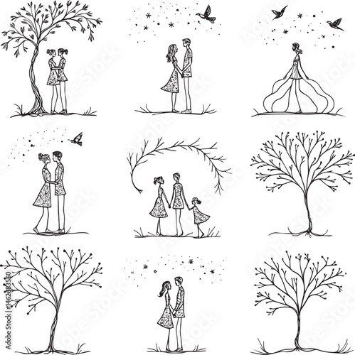 A romantic nature walk moment between two lovers framed by flowing leaves.