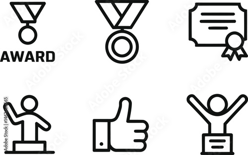 Award Icons Set: A collection of simple yet elegant icons representing award symbols, achievement, and recognition. These icons can be used for web design, mobile apps, presentations.
