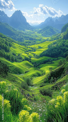The stunning valley scene showcases rolling green hills, forests, and towering mountains under the sun.