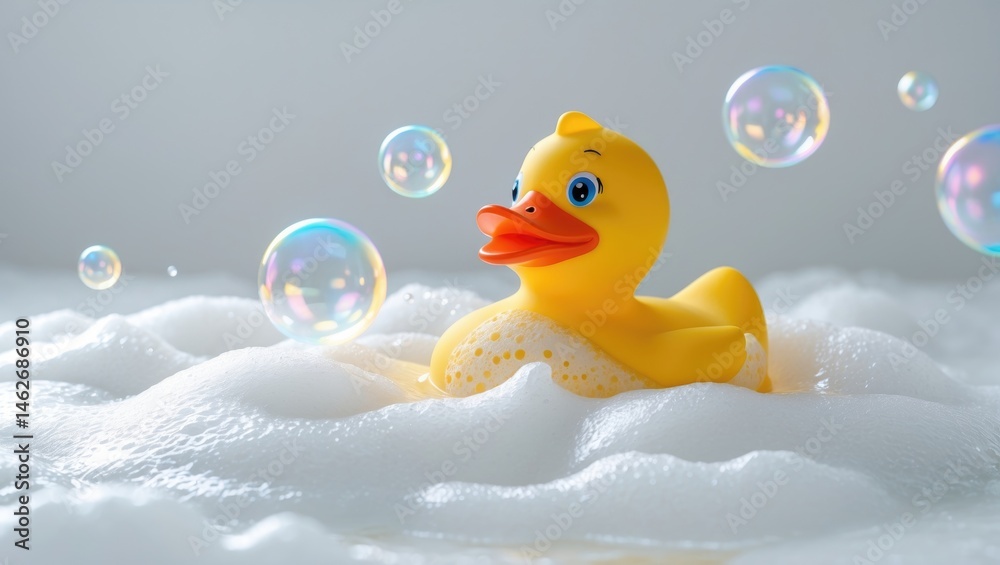 Fun bath scene with yellow rubber duck in bubbly foam Fun bath scene with yellow rubber duck in bubbly foam