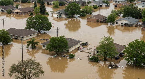 Flood Damaged Houses Aerial View - Aerial view of residential houses submerged in floodwaters, showing the extent of the damage