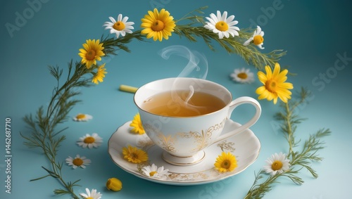Blue background summer scene with chamomile flowers, false sunflower, and a cup of herbal chamomile tea