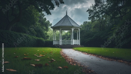 Serene gazebo amidst a vibrant botanical garden in Asia, perfect for peaceful moments