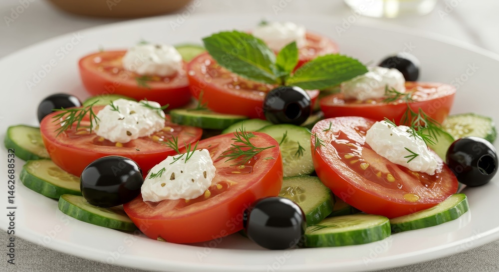 Fresh Tomato Cucumber Salad with Creamy Topping - A vibrant salad featuring juicy tomato and cucumber slices, topped with a creamy dressing and olives. Perfect for a light lunch or side dish Fresh Tomato Cucumber Salad with Creamy Topping - A vibrant salad featuring juicy tomato and cucumber slices, topped with a creamy dressing and olives. Perfect for a light lunch or side dish