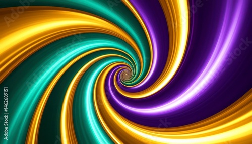 Abstract swirling pattern with vibrant turquoise, purple, and golden colors creating a dynamic motion