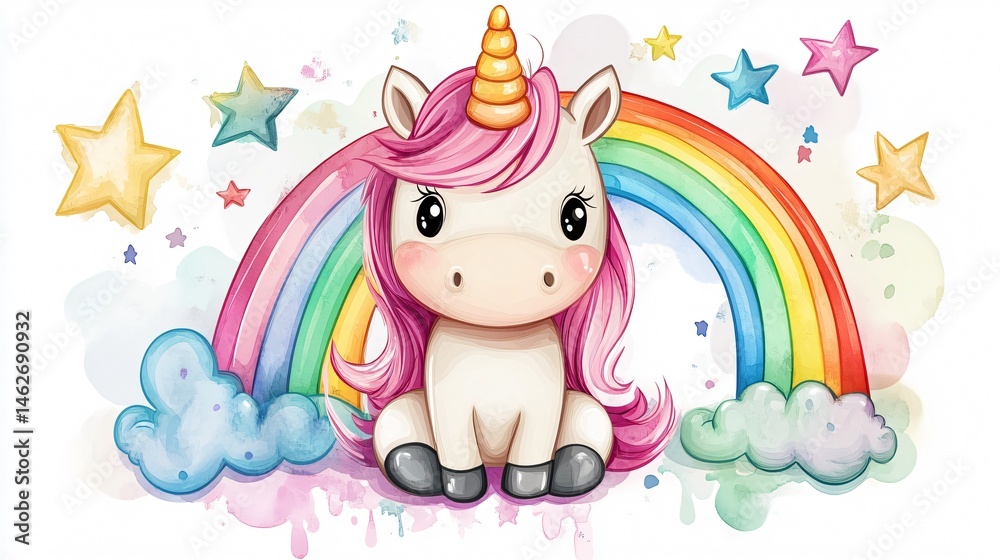 Naklejka premium Whimsical Watercolor Illustration of Cute Cartoon Unicorn Character