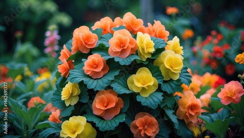 Colorful summer garden with blooming tuberous begonias and lush greenery