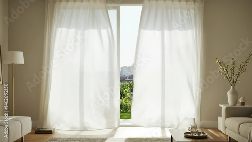 Bright airy living room with sheer curtains and green landscape view  