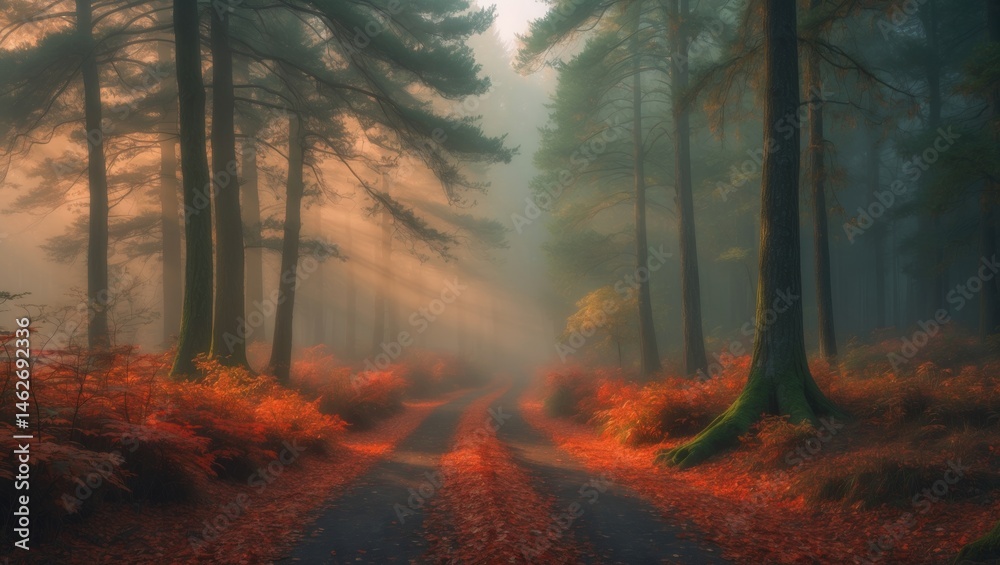 Fototapeta premium A tranquil pathway meanders through lush woodlands, where towering trees and misty surroundings highlight the serenity of an autumn forest scene.
