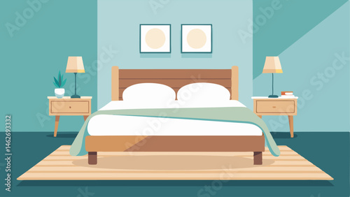 A serene bedroom with a light wood bed frame white bedding and a large white area rug.