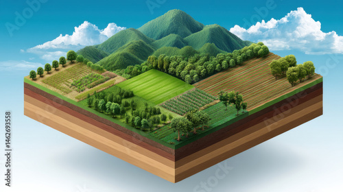 Isometric view of a diverse agricultural landscape displaying layered soil with mountains and cloudy skies, illustrating sustainable farming practices and land use.