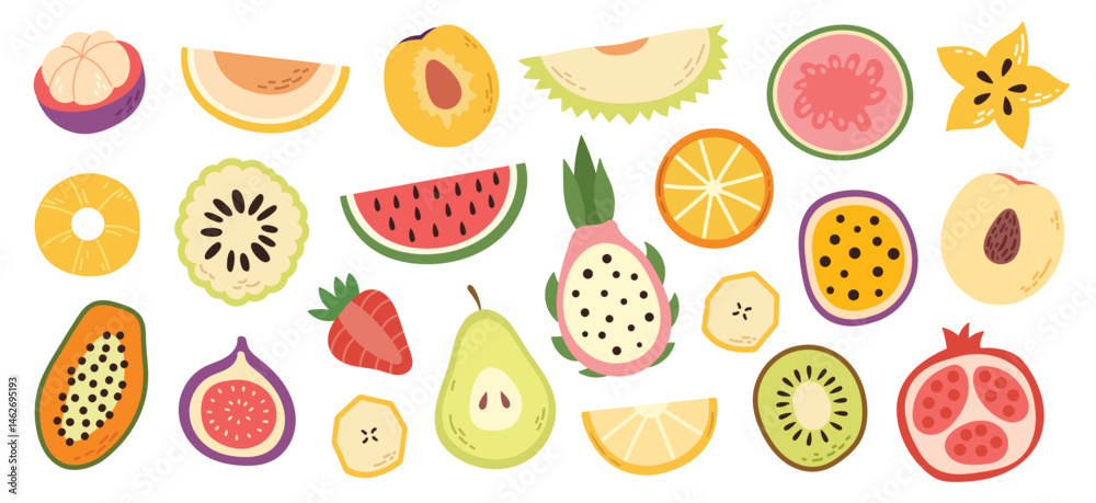 Minimal flat style cut fruits collection. Slices of orange, kiwi, pomegranate, lemon, watermelon and more. Summer food concept for web, packaging, stickers, and healthy diet visuals. Minimal flat style cut fruits collection. Slices of orange, kiwi, pomegranate, lemon, watermelon and more. Summer food concept for web, packaging, stickers, and healthy diet visuals.