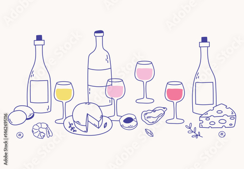 Hand-drawn doodle composition with wine bottles, glasses, and picnic snacks. Perfect for summer outdoor food themes.