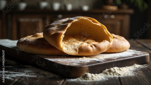 Pita bread resting on a wooden board with flour sprinkled around it on a dark table, displaying an empty dough interior. photo