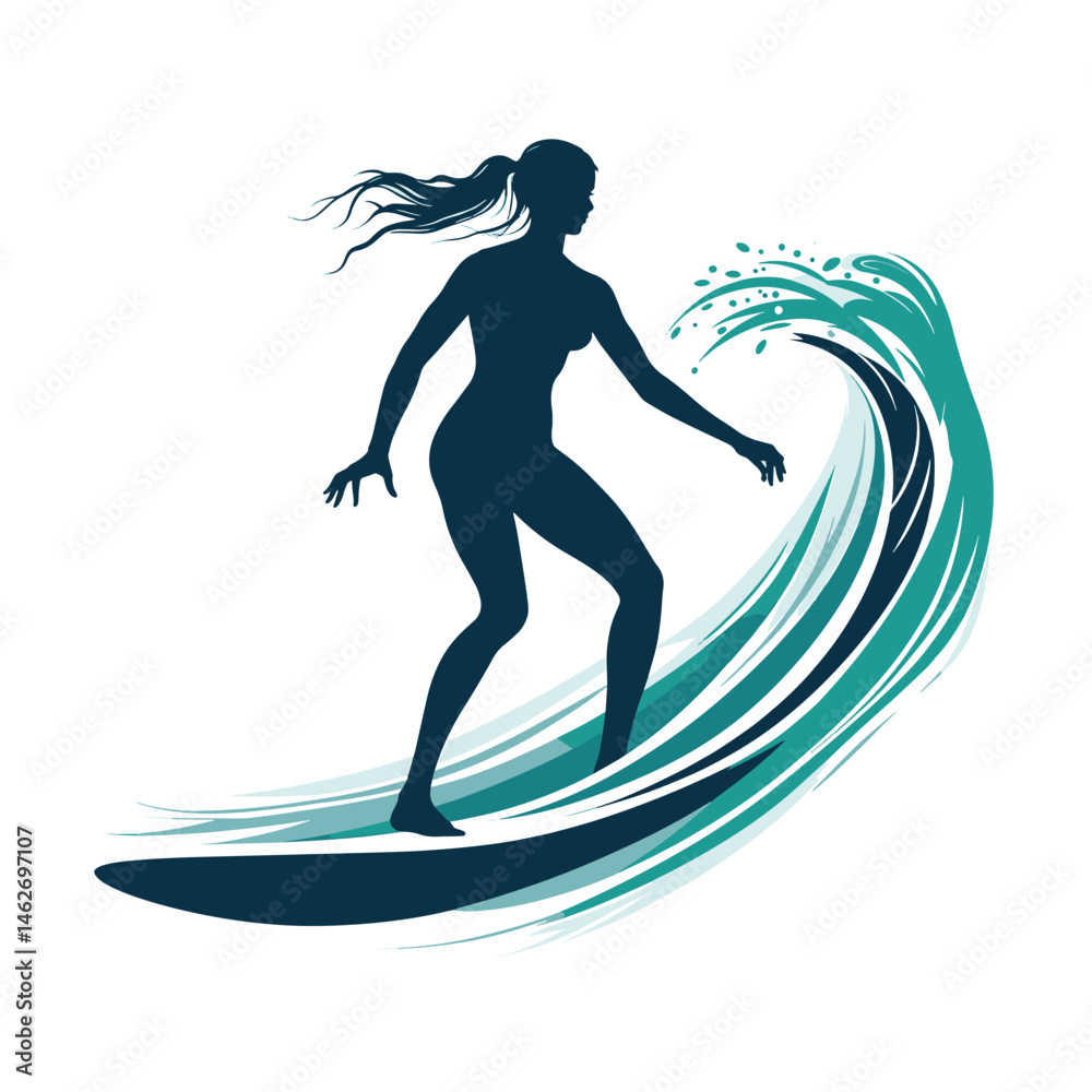 Surfer girl gliding with precision on massive ocean waves, vector scene embodying the thrill of coastal sports Surfer girl gliding with precision on massive ocean waves, vector scene embodying the thrill of coastal sports