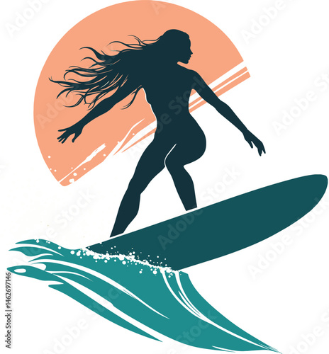 Surfer girl showcasing balance and strength while riding a massive wave, with a scenic ocean background and colorful sunset