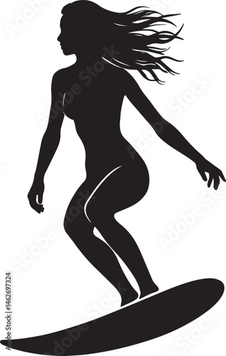 Stylish female surfer conquering the sea on her surfboard, vivid artistic depiction capturing the power and beauty of surfing