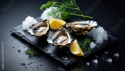 Fresh oysters displayed on a black stone plate captured from above