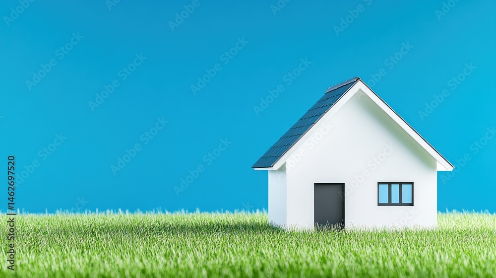 Small model house in green grass against blue sky Small model house in green grass against blue sky