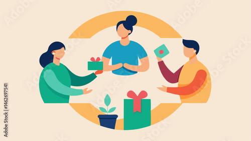 Gift Exchange A circular illustration of people exchanging handmade gifts and crafts instead of purchased items promoting creativity over consumerism.