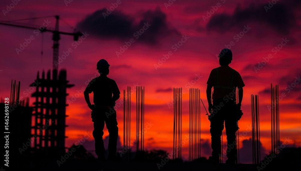 Fototapeta premium Construction workers at sunset