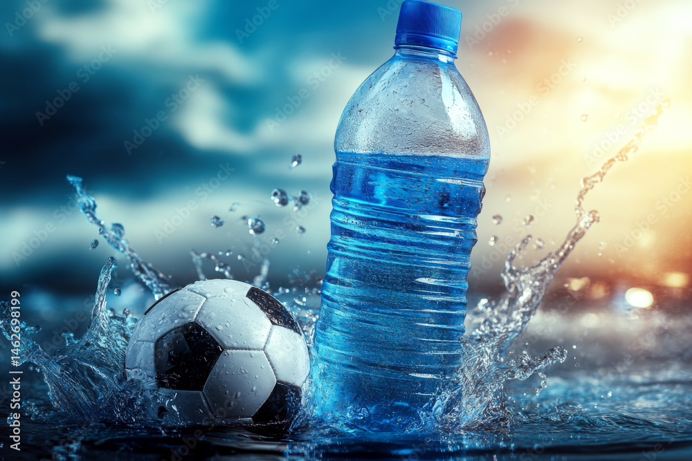 A water bottle and soccer ball splash in water with a blurred sky background. Concept of sport and hydration. For sports promotion.