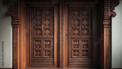 Vintage wooden door featuring detailed carvings and decorative elements