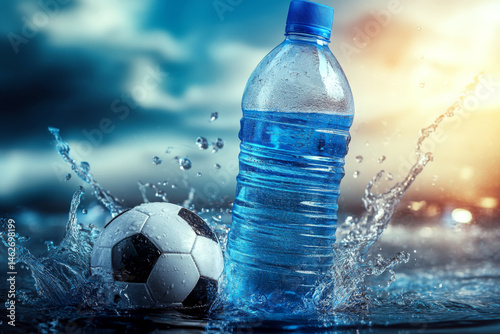 Obraz na płótnie A water bottle and soccer ball splash in water with a blurred sky background. Concept of sport and hydration. For sports promotion. w salonie