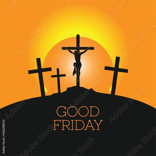 "Good Friday Crucifixion Scene with Jesus and Crosses at Sunset"