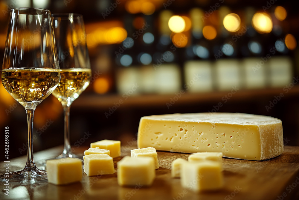 Two wine glasses and cheese are on a wooden table with a blurred background. Concept of wine and cheese pairing. For culinary content.