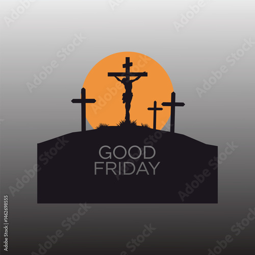 "Good Friday Silhouette Illustration with Jesus on Cross and Sunset Background — Christian Easter Vector"