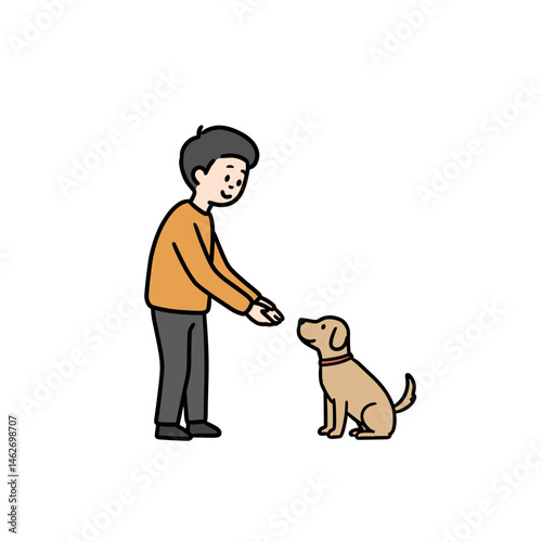 Man asking a dog to give him its paw, showing a caring interaction, on a white background