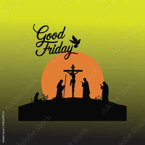 "Good Friday Silhouette with Jesus on Cross, Worshippers, Sunset and Dove — Religious Vector Illustration"